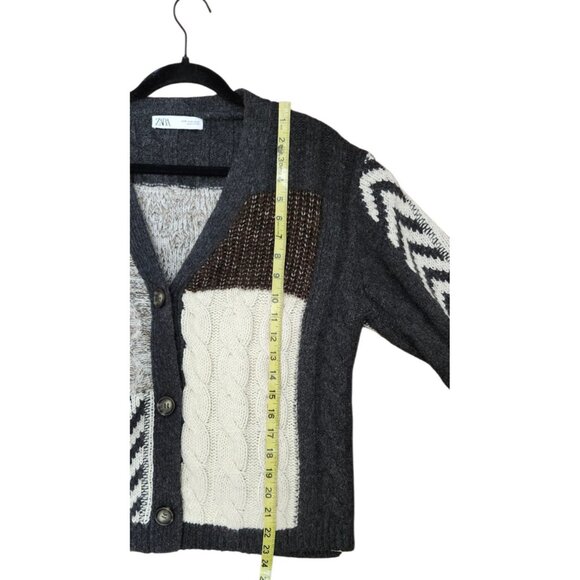 Zara Patchwork Cardigan Sweater Womens Size S Brown Ivory Oversized Chunky - Picture 10 of 14
